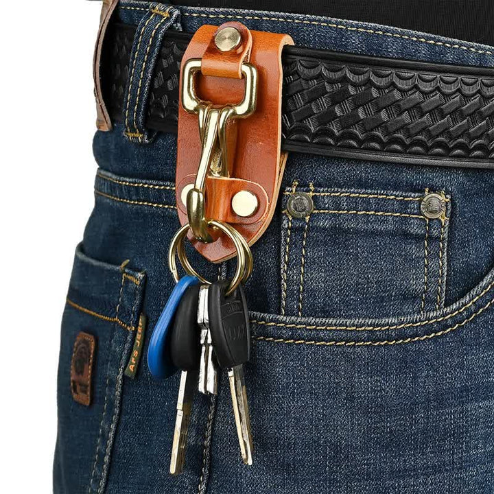 Porte-clés pratique en cuir avec boucle de ceinture orange et marron
