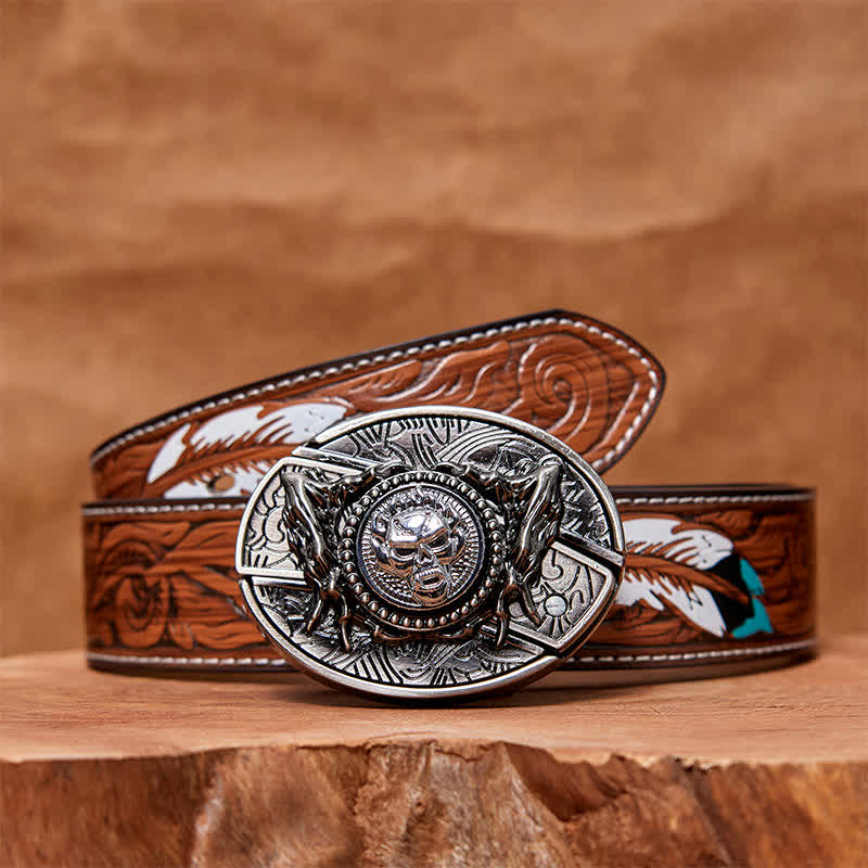 Ceinture en cuir pour homme avec couteau pliant caché et tête de mort rotative
