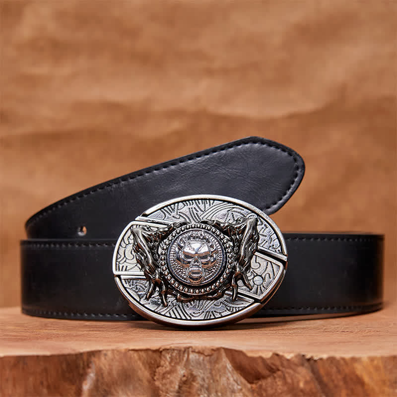 Ceinture en cuir pour homme avec couteau pliant caché et tête de mort rotative