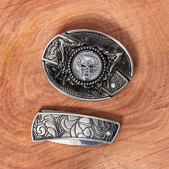 Ceinture en cuir pour homme avec couteau pliant caché et tête de mort rotative