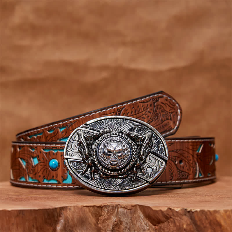 Ceinture en cuir pour homme avec couteau pliant caché et tête de mort rotative