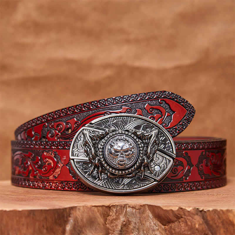 Ceinture en cuir pour homme avec couteau pliant caché et tête de mort rotative