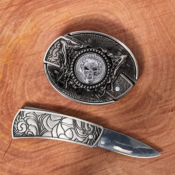 Ceinture en cuir pour homme avec couteau pliant caché et tête de mort rotative