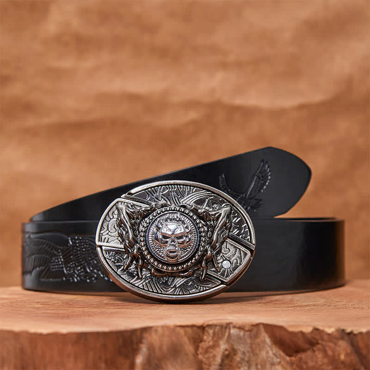 Ceinture en cuir pour homme avec couteau pliant caché et tête de mort rotative