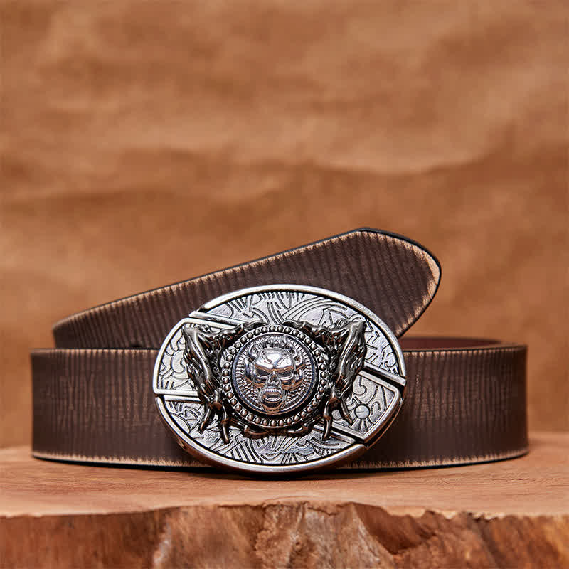 Ceinture en cuir pour homme avec couteau pliant caché et tête de mort rotative
