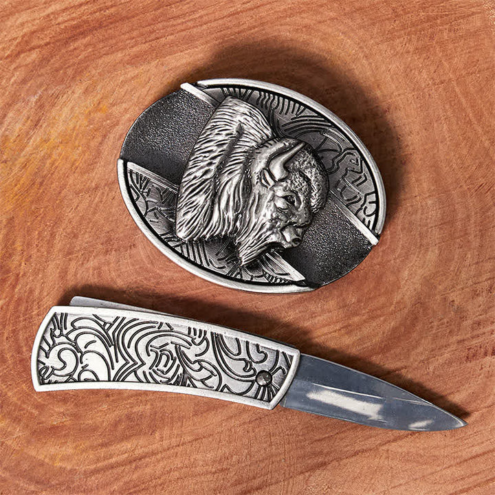 Ceinture en cuir pour homme avec couteau pliant caché en bison