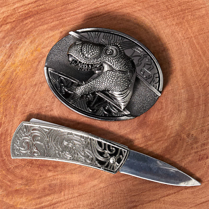 Ceinture en cuir pour homme avec couteau pliant caché en forme de dinosaure