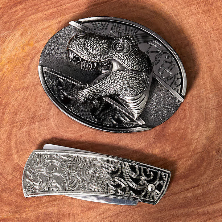 Ceinture en cuir pour homme avec couteau pliant caché en forme de dinosaure