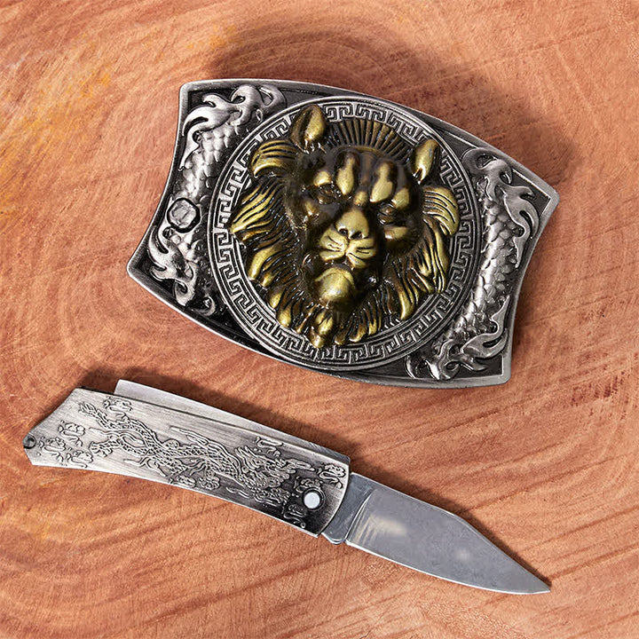 Ceinture en cuir pour homme avec couteau pliant caché Lion doré