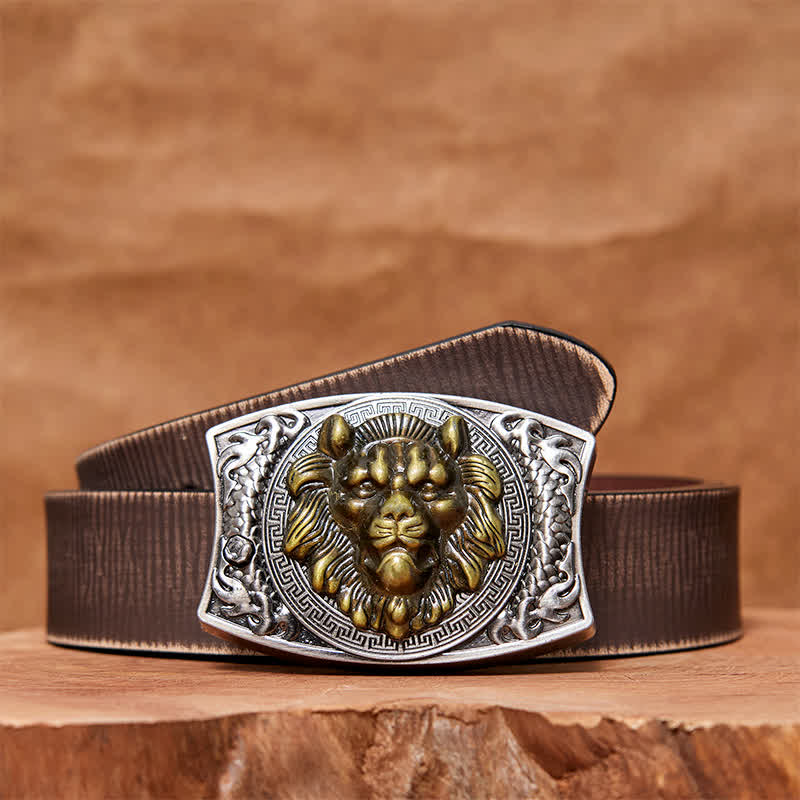 Ceinture en cuir pour homme avec couteau pliant caché Lion doré