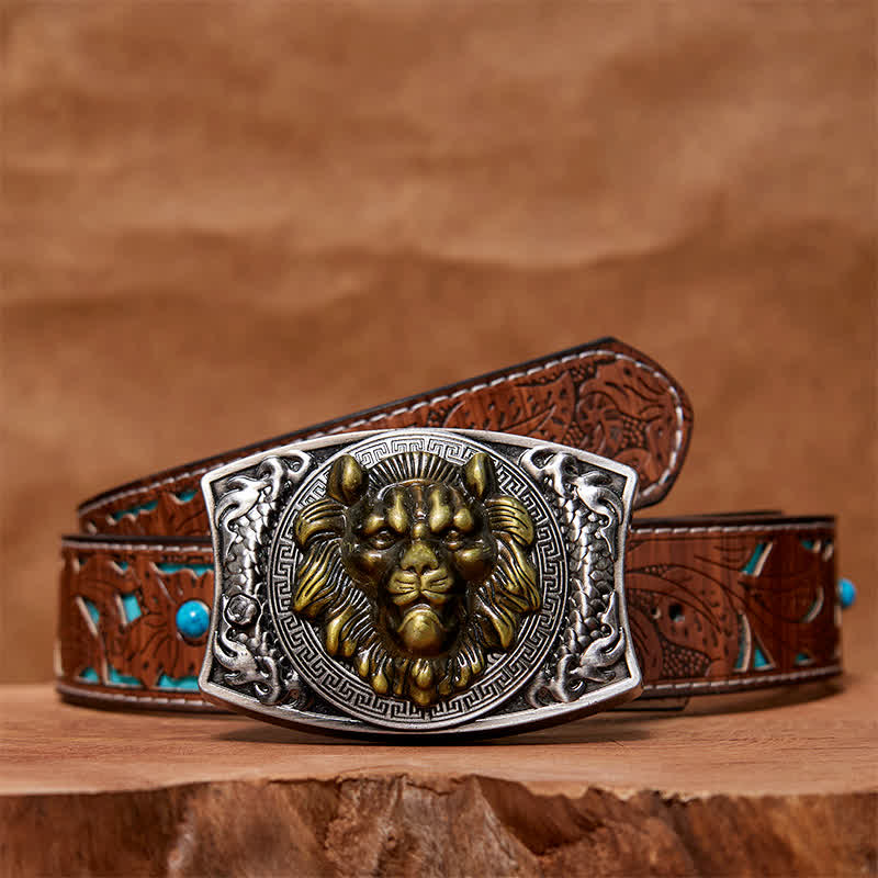 Ceinture en cuir pour homme avec couteau pliant caché Lion doré