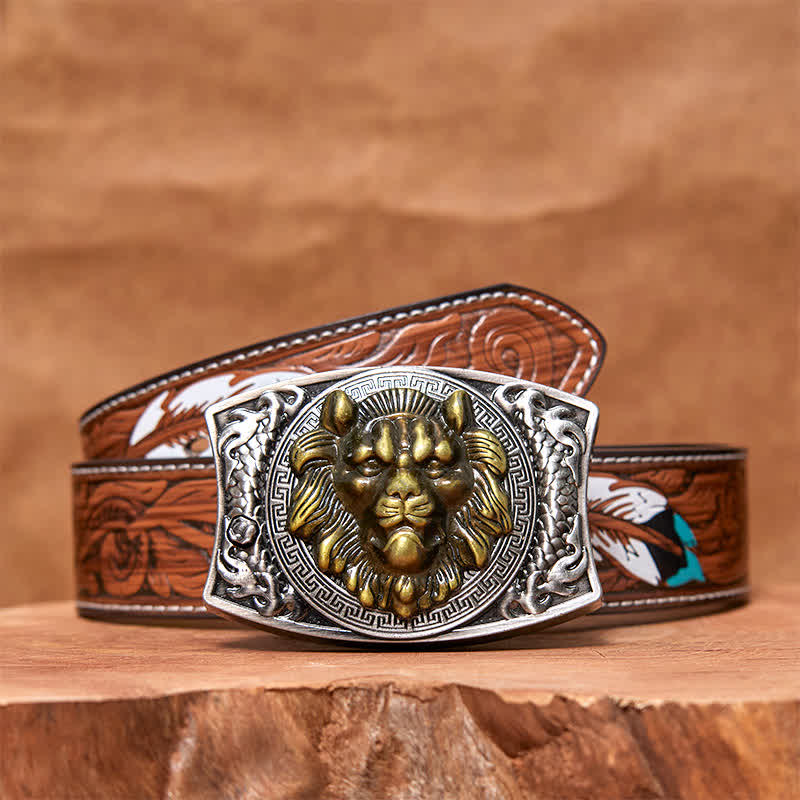 Ceinture en cuir pour homme avec couteau pliant caché Lion doré