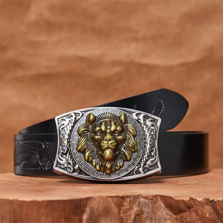 Ceinture en cuir pour homme avec couteau pliant caché Lion doré