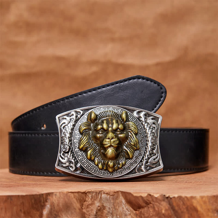 Ceinture en cuir pour homme avec couteau pliant caché Lion doré