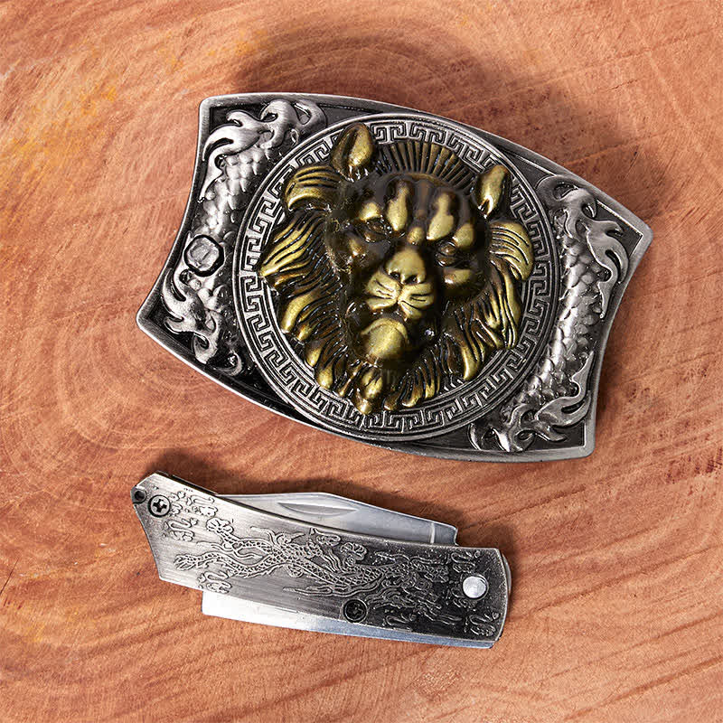 Ceinture en cuir pour homme avec couteau pliant caché Lion doré