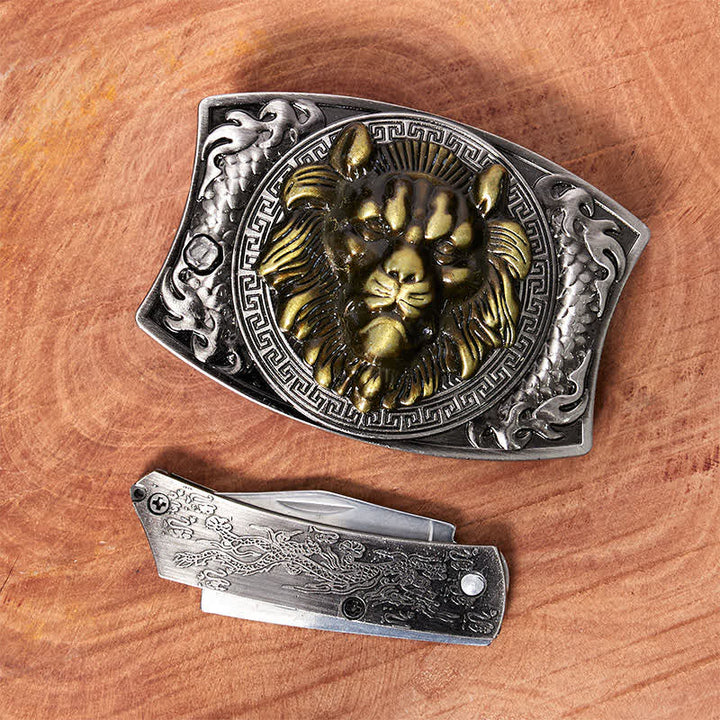 Ceinture en cuir pour homme avec couteau pliant caché Lion doré