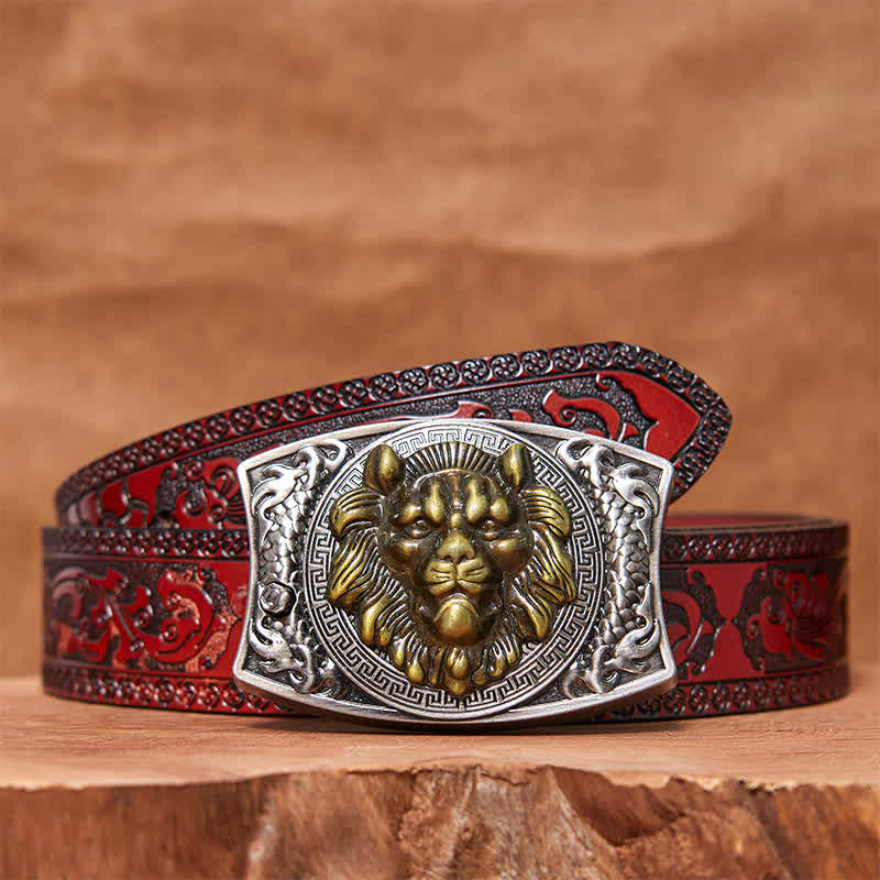 Ceinture en cuir pour homme avec couteau pliant caché Lion doré