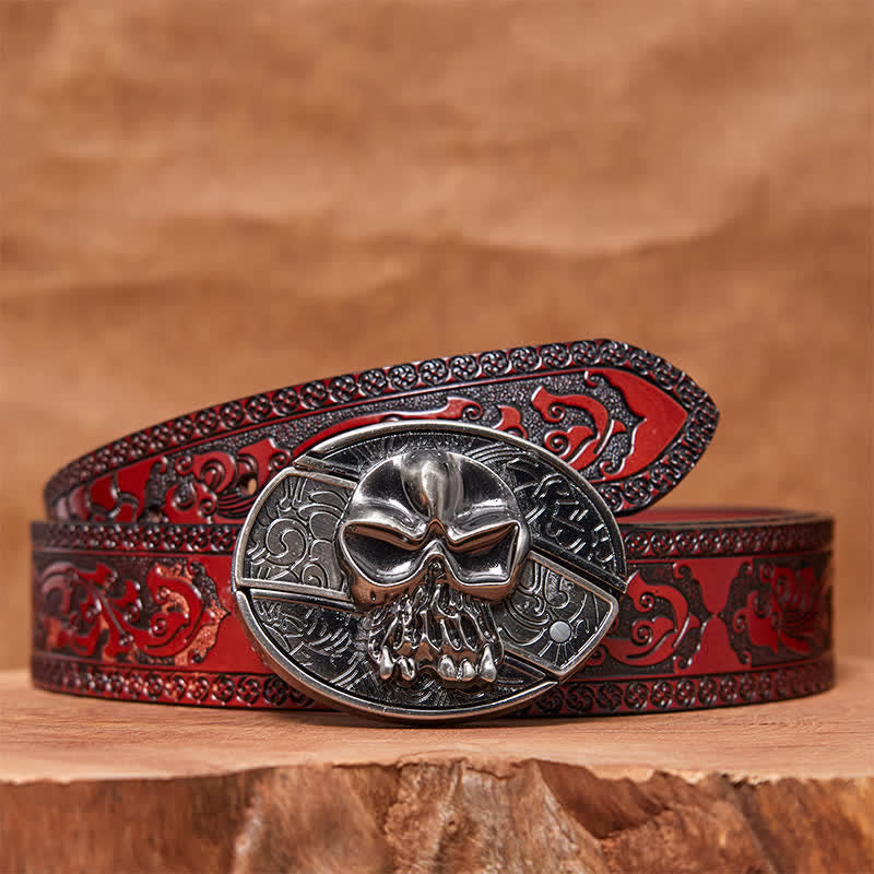 Ceinture en cuir pour homme avec couteau pliant caché et tête de mort