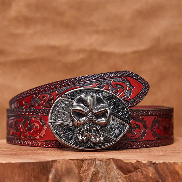 Ceinture en cuir pour homme avec couteau pliant caché et tête de mort