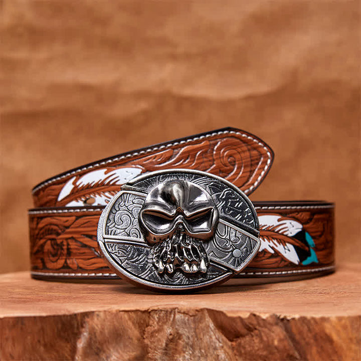 Ceinture en cuir pour homme avec couteau pliant caché et tête de mort