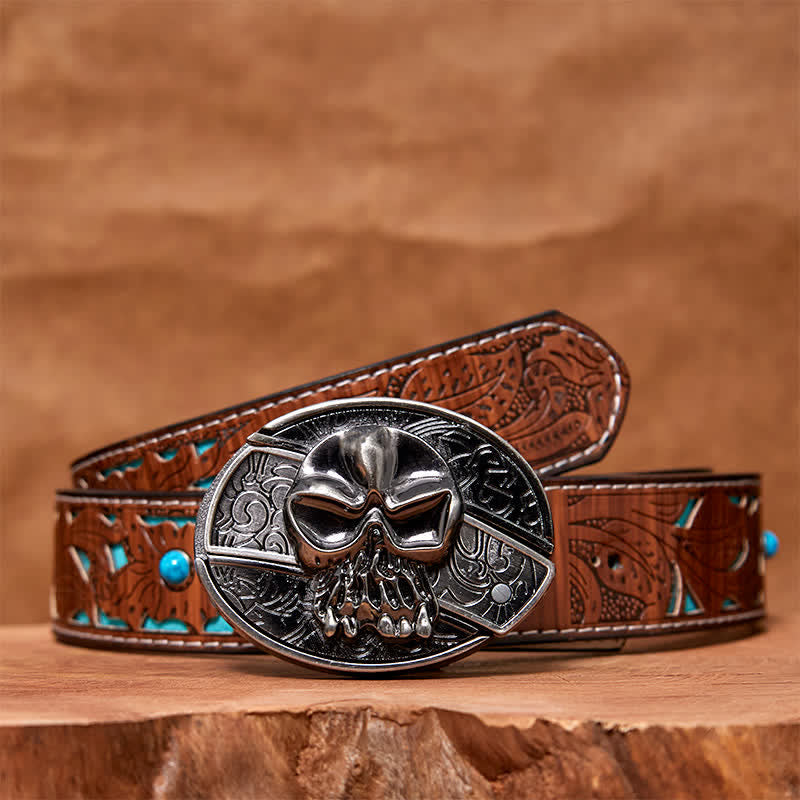 Ceinture en cuir pour homme avec couteau pliant caché et tête de mort
