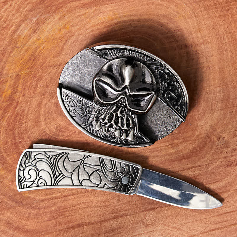 Ceinture en cuir pour homme avec couteau pliant caché et tête de mort