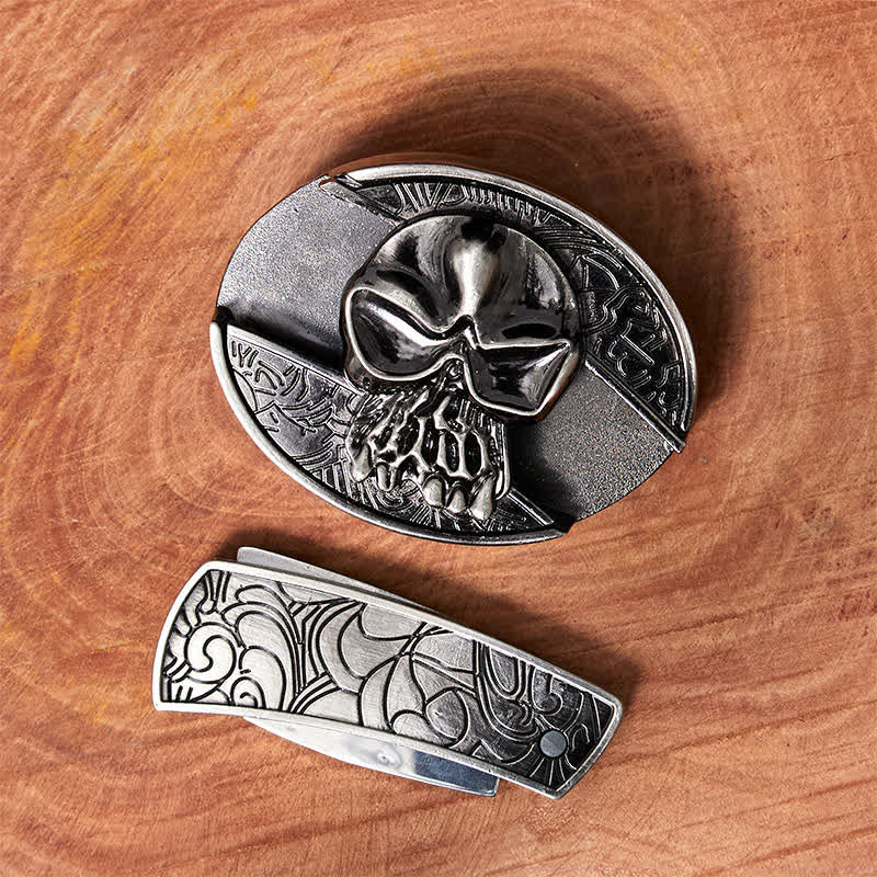 Ceinture en cuir pour homme avec couteau pliant caché et tête de mort