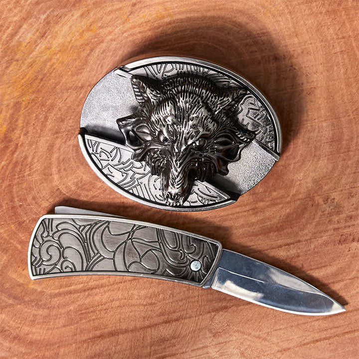 Ceinture en cuir pour homme avec couteau pliant caché en forme de tête de loup
