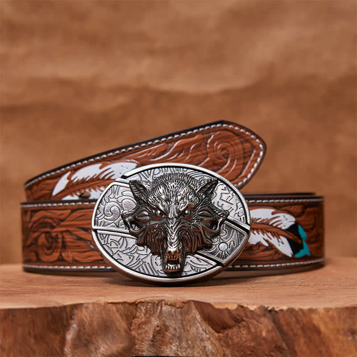 Ceinture en cuir pour homme avec couteau pliant caché en forme de tête de loup