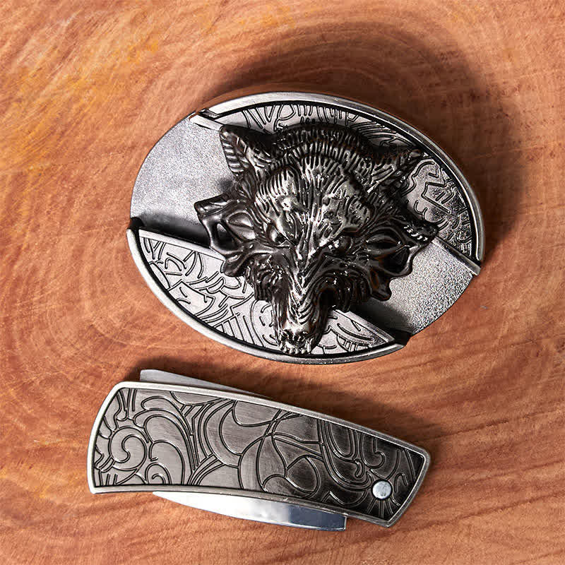 Ceinture en cuir pour homme avec couteau pliant caché en forme de tête de loup