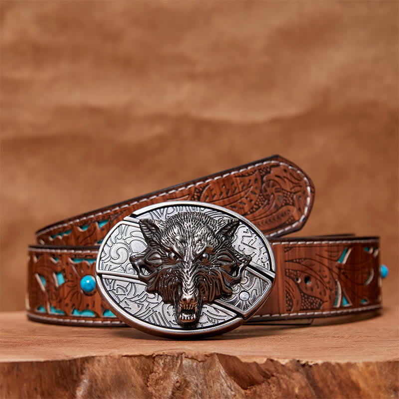 Ceinture en cuir pour homme avec couteau pliant caché en forme de tête de loup