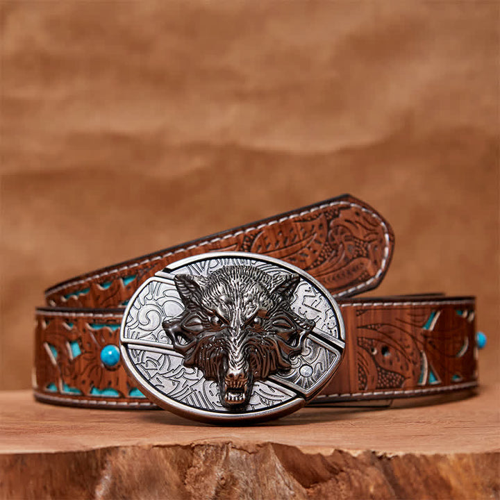 Ceinture en cuir pour homme avec couteau pliant caché en forme de tête de loup