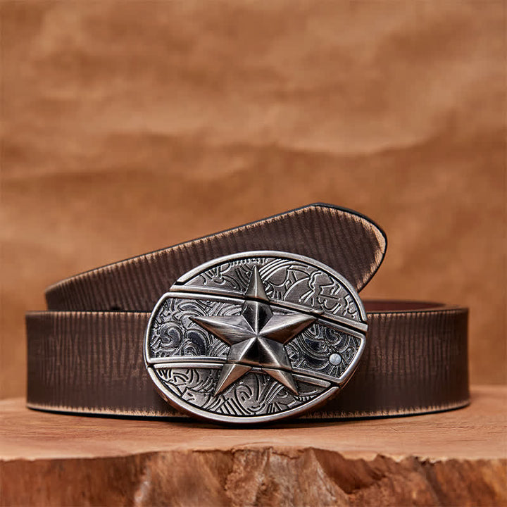 Ceinture en cuir pour homme avec couteau pliant caché en pentagramme - Pentacle - Ceinture marron vieillie - 42 - image 8