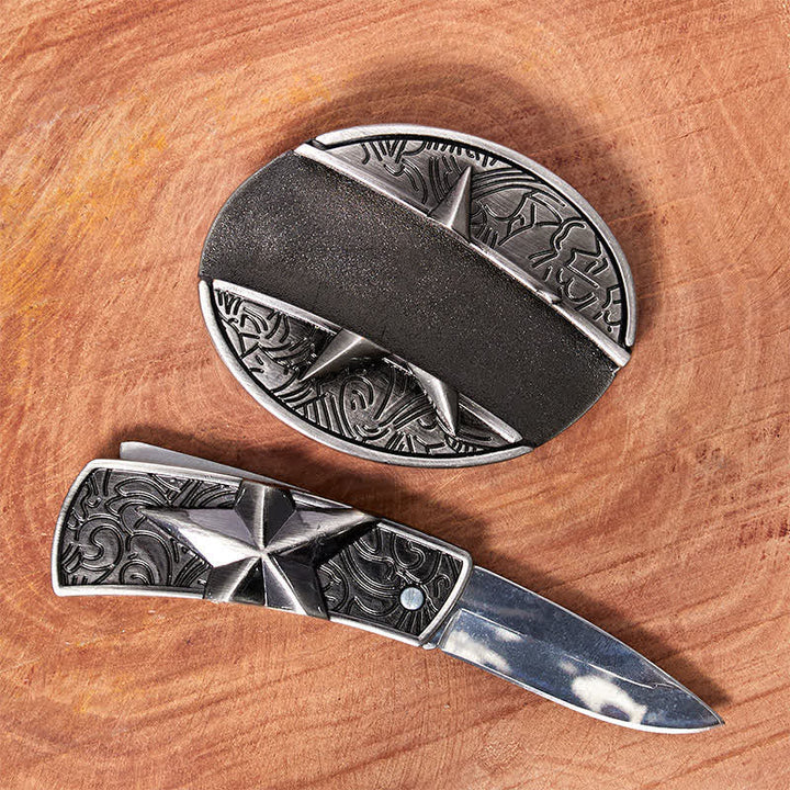 Ceinture en cuir pour homme avec couteau pliant caché en pentagramme