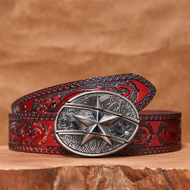 Ceinture en cuir pour homme avec couteau pliant caché en pentagramme - Pentacle - Ceinture marron sculptée - 42 - image 7