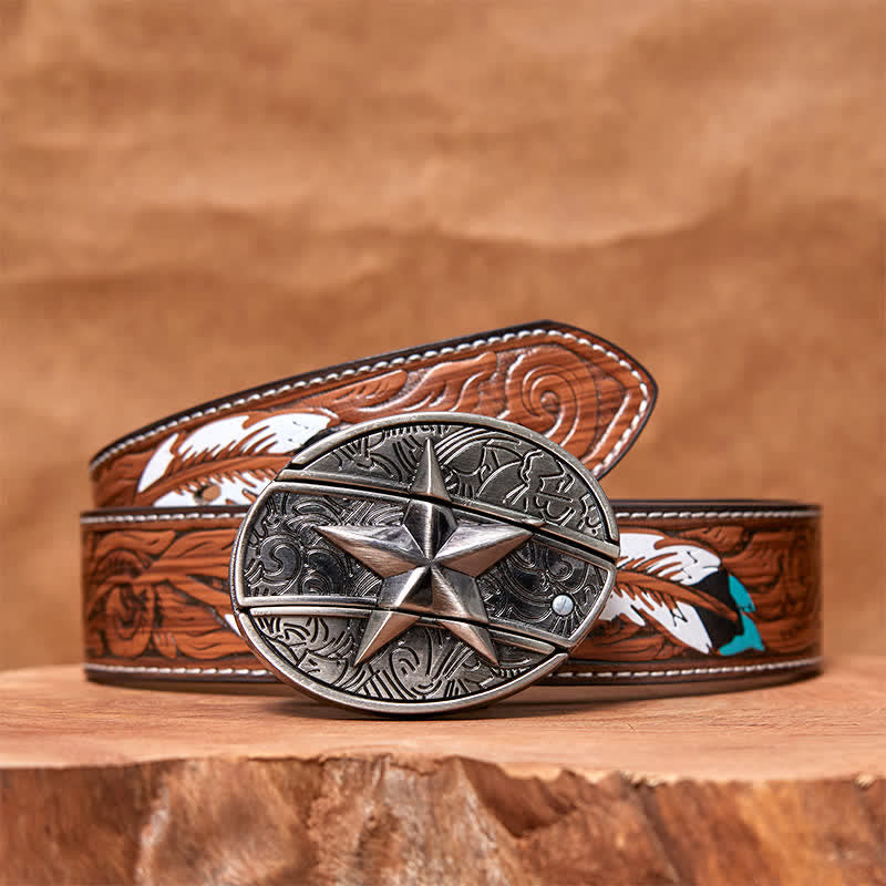 Ceinture en cuir pour homme avec couteau pliant caché en pentagramme - Pentacle - Ceinture à plumes marron - 40 - image 9
