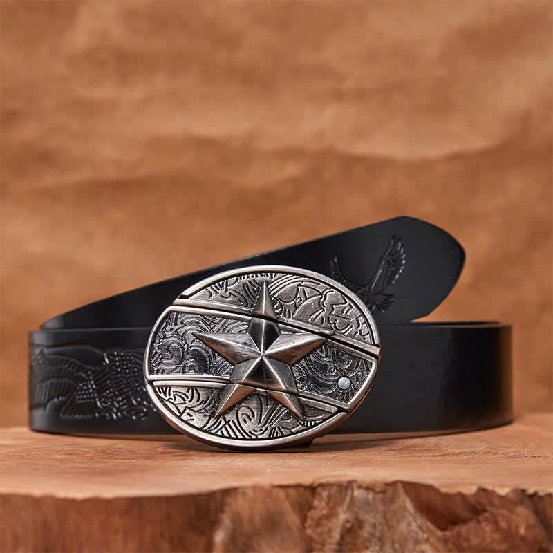 Ceinture en cuir pour homme avec couteau pliant caché en pentagramme - Pentacle - Ceinture noire avec aigle en relief - 42 - image 6