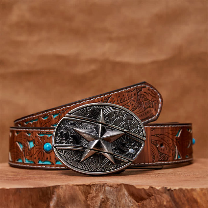 Ceinture en cuir pour homme avec couteau pliant caché en pentagramme - Pentacle - Ceinture sculptée en turquoise - 42 - image 5