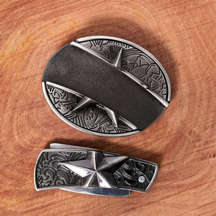 Ceinture en cuir pour homme avec couteau pliant caché en pentagramme