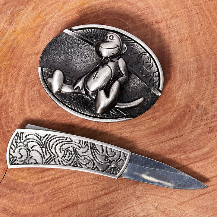 Ceinture en cuir pour homme avec couteau pliant caché et singe