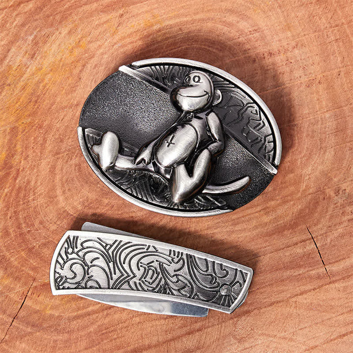 Ceinture en cuir pour homme avec couteau pliant caché et singe