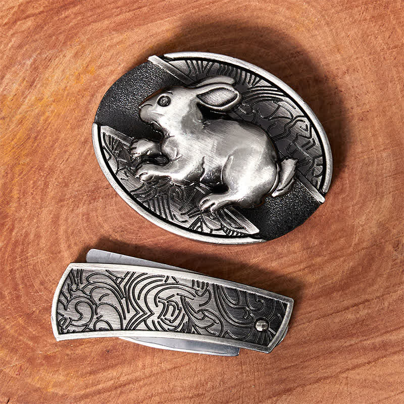 Ceinture en cuir pour homme avec couteau pliant caché en forme de lapin