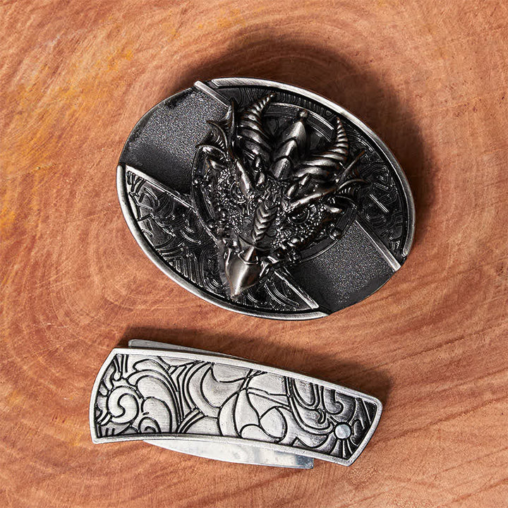 Ceinture en cuir pour homme avec couteau pliant caché et dragon tranchant