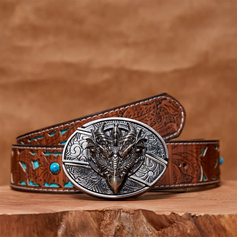 Ceinture en cuir pour homme avec couteau pliant caché et dragon tranchant - Dragon aigu - Ceinture turquoise sculptée - 42 - image 6
