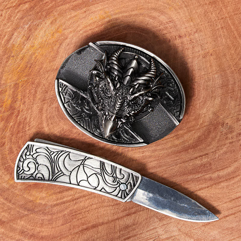 Ceinture en cuir pour homme avec couteau pliant caché et dragon tranchant