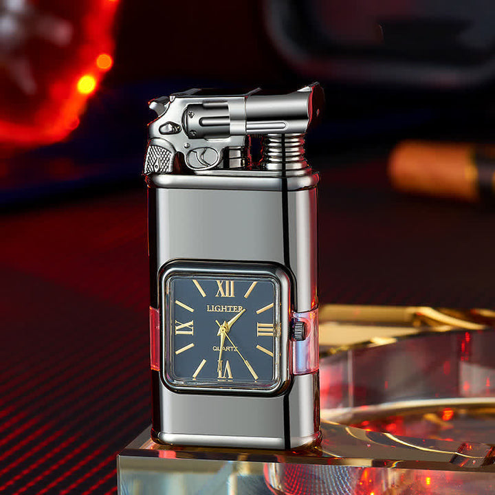 Briquet butane rechargeable à double flamme Guns Design avec horloge