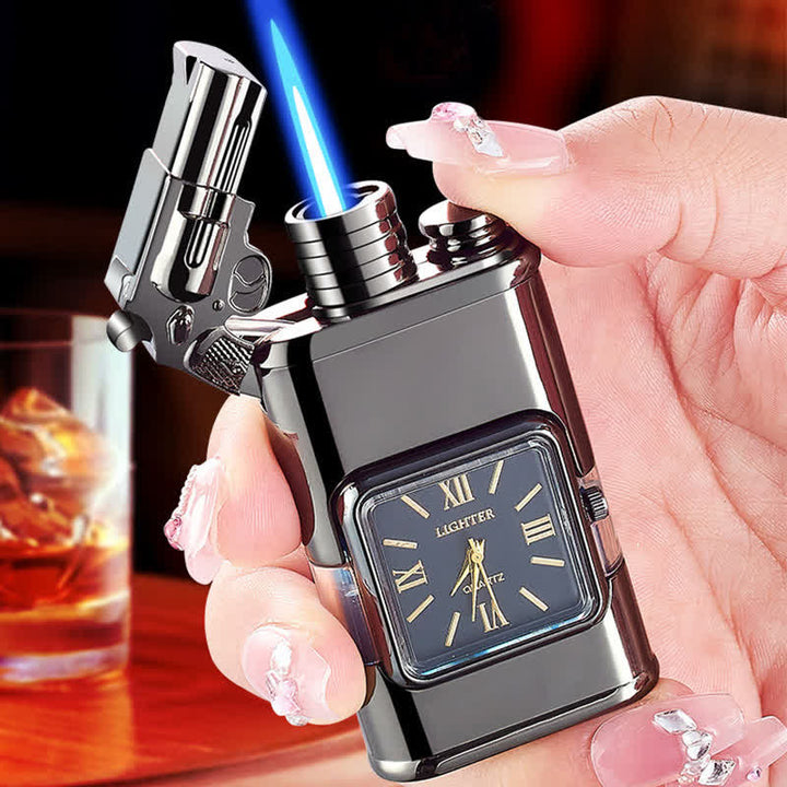 Briquet butane rechargeable à double flamme Guns Design avec horloge