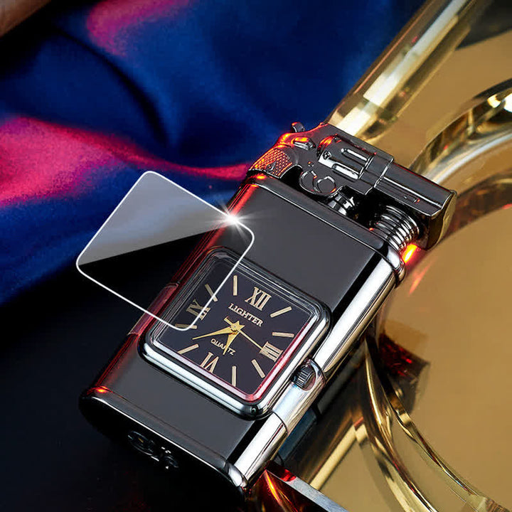 Briquet butane rechargeable à double flamme Guns Design avec horloge