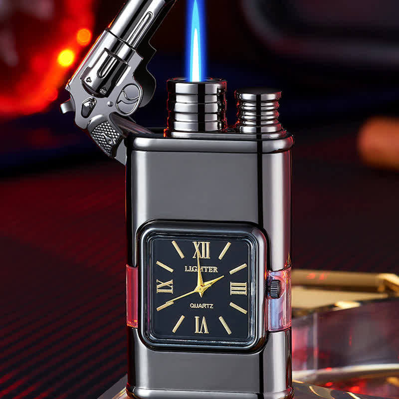 Briquet butane rechargeable à double flamme Guns Design avec horloge