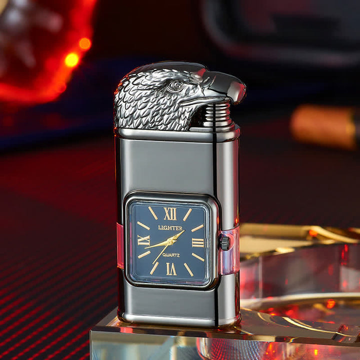 Briquet butane rechargeable à double flamme avec horloge et motif tête d'aigle